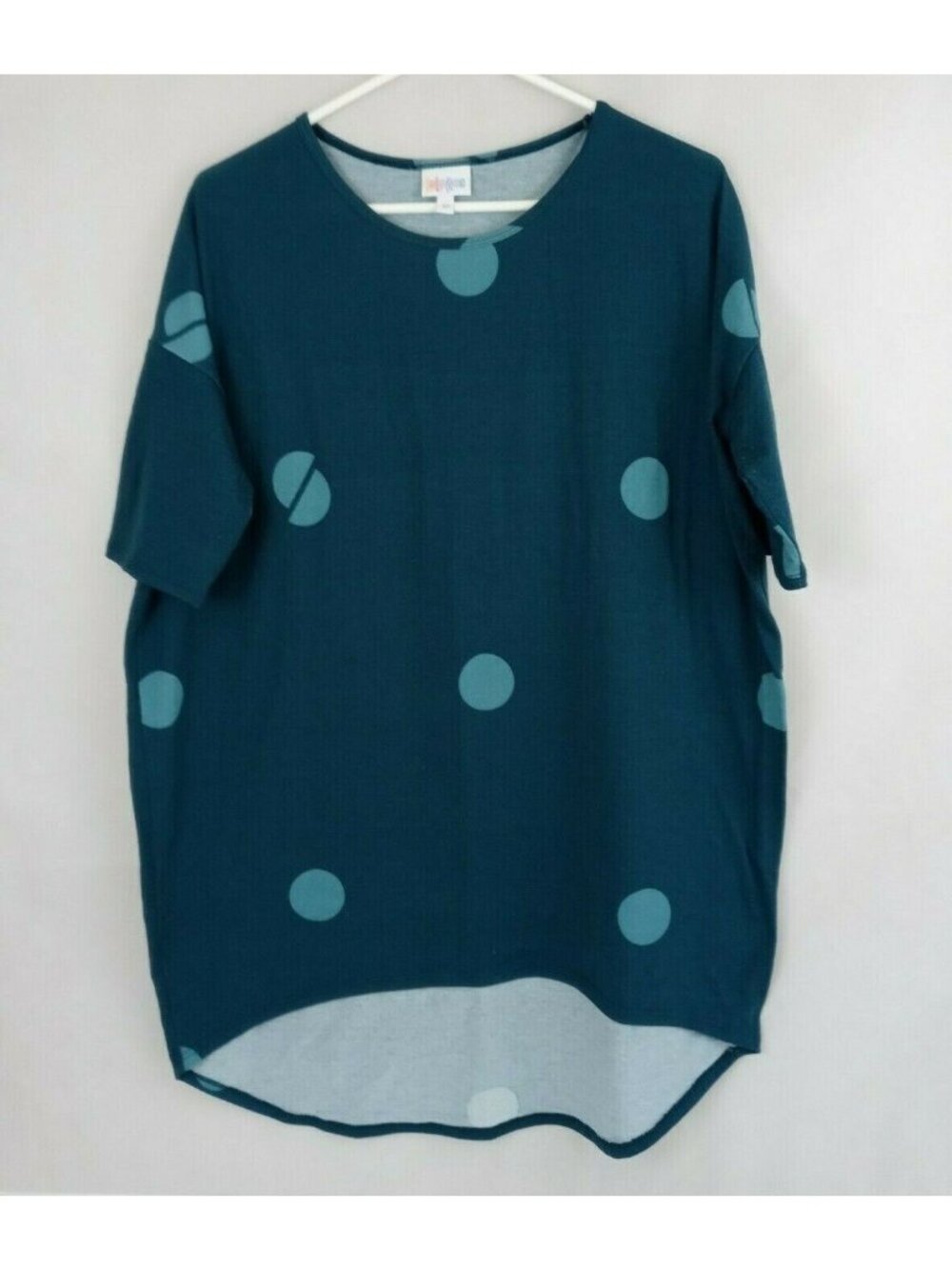 Lularoe Irma Tunic Dark Greenish Blue With Greenish Blue Polka Dots Size XS